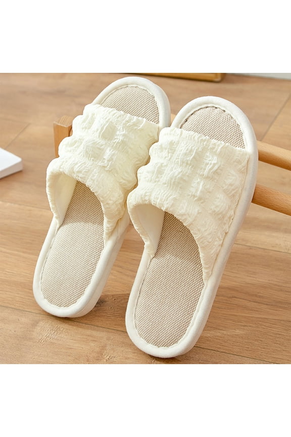 Women's Soft Puffy Waffle Cotton Linen Indoor Slippers Open Toe Slide Design Quiet Cushioned Outsole Anti Skid Sweat Resistant Bedroom Footwear For Women