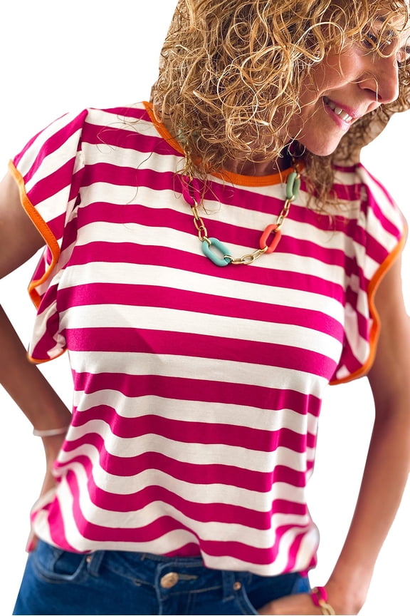 Women's Soft Rose Red Striped Ruffle Sleeve Crew Neck Blouse [ZhiHiMeRi] | (US 16-18)XL