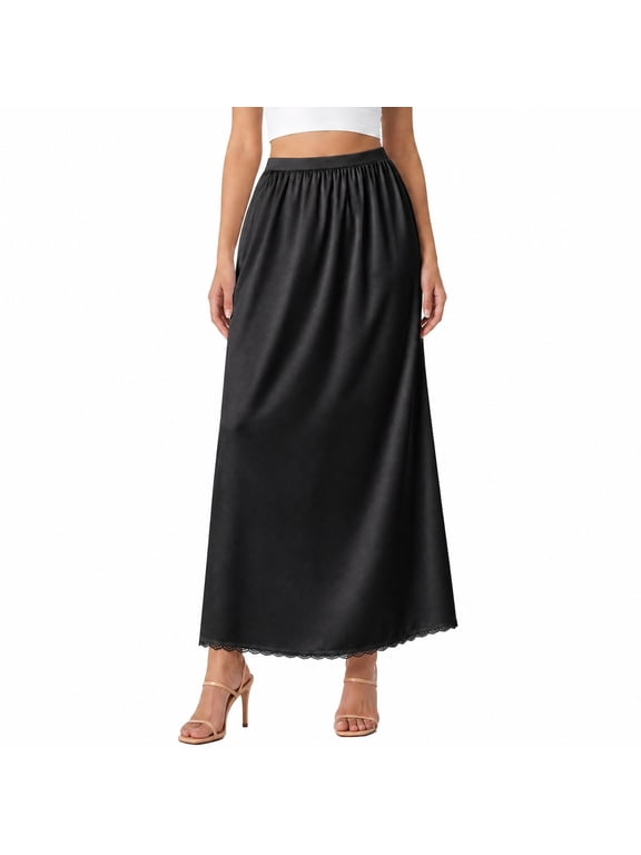 Women's Soft Satin Half Slip - Lace Long Underskirt for Under Dresses, Comfortable and Elegant