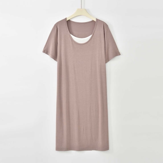 Women's Soft Short Sleeve Nightgown Crew Neck Stretchy Comfortable Loose Midi Bedroom Loungewear Dress Khaki L