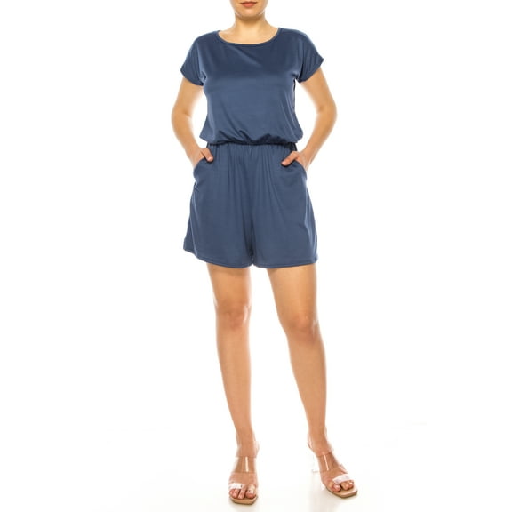 Women's Soft Short Sleeve Romper withTie Back and Pockets