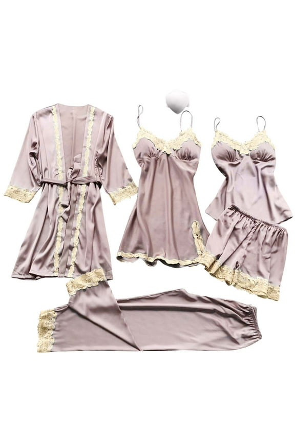 Women's Soft Silk Pajama Set Cami Top Nightgown Lace Night Robe Sleepwear Robe Sets Nightdress With Chest Pads