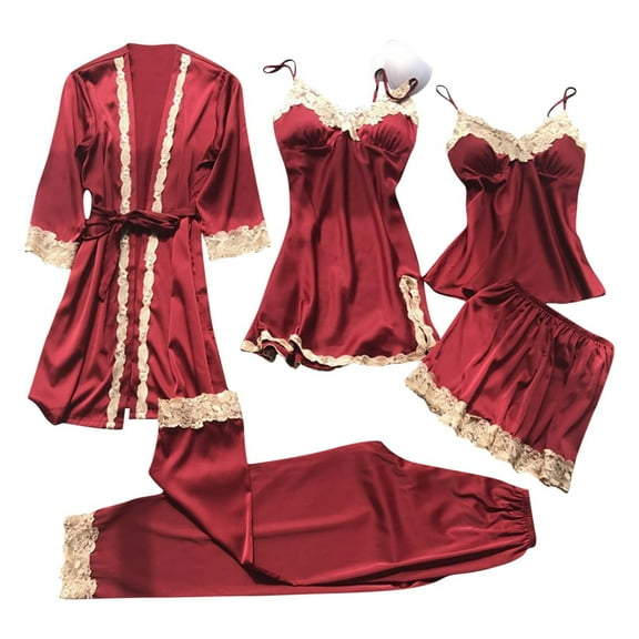 Women's Soft Silk Pajama Set Cami Top Nightgown Lace Night Robe Sleepwear Robe Sets Nightdress With Chest Pads