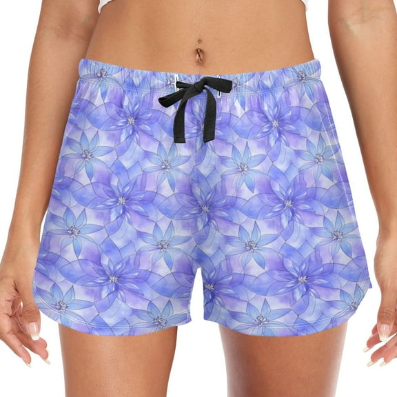 Women's Soft Sleep Shorts Relaxed Fit Lounge Pajama Bottoms Shorts for Women Pajama for Home and Comfort Blue Blooming Flowers