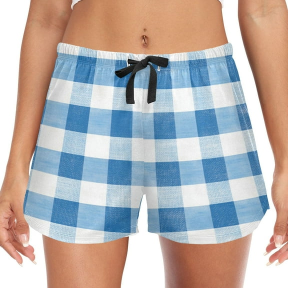 Women's Soft Sleep Shorts Relaxed Fit Lounge Pajama Bottoms Shorts for Women Pajama for Home and Comfort Blue and White Checkered Pattern