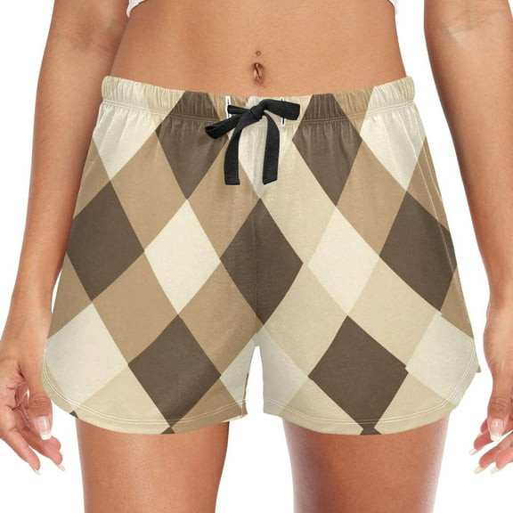 Women's Soft Sleep Shorts Relaxed Fit Lounge Pajama Bottoms Shorts for Women Pajama for Home and Comfort Brown and Beige Check