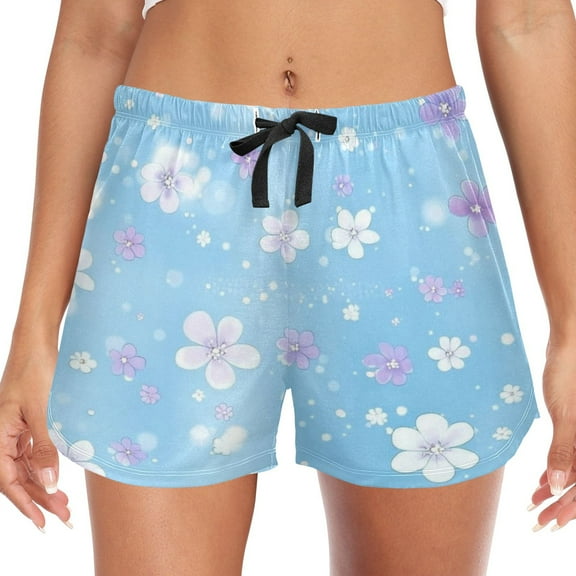 Women's Soft Sleep Shorts Relaxed Fit Lounge Pajama Bottoms Shorts for Women Pajama for Home and Comfort Light Blue Background Flowers