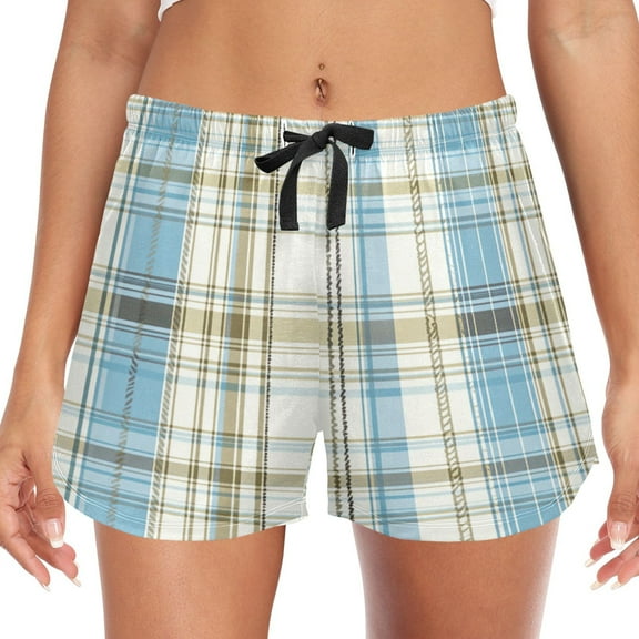 Women's Soft Sleep Shorts Relaxed Fit Lounge Pajama Bottoms Shorts for Women Pajama for Home and Comfort Light Blue and Brown Tartan