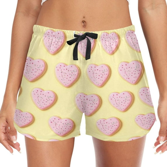 Women's Soft Sleep Shorts Relaxed Fit Lounge Pajama Bottoms Shorts for Women Pajama for Home and Comfort Pink Heart-shaped Cookies