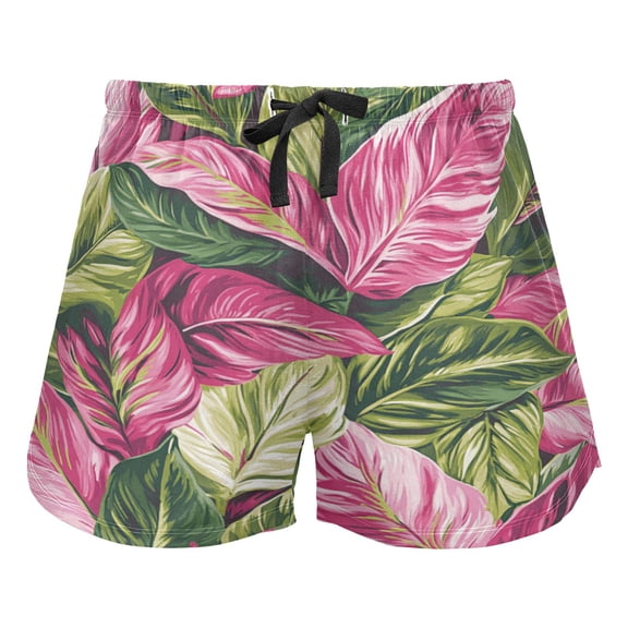 Women's Soft Sleep Shorts Relaxed Fit Lounge Pajama Bottoms Shorts for Women Pajama for Home and Comfort Pink and Green Tropical Leaves