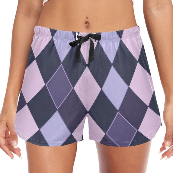 Women's Soft Sleep Shorts Relaxed Fit Lounge Pajama Bottoms Shorts for Women Pajama for Home and Comfort Purple and Blue Argyle Pattern