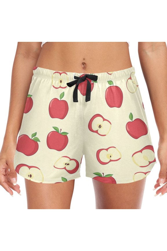 Women's Soft Sleep Shorts Relaxed Fit Lounge Pajama Bottoms Shorts for Women Pajama for Home and Comfort Red Apple Pattern