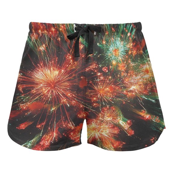 Women's Soft Sleep Shorts Relaxed Fit Lounge Pajama Bottoms Shorts for Women Pajama for Home and Comfort Red and Green Fireworks