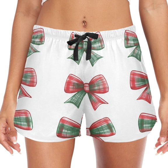 Women's Soft Sleep Shorts Relaxed Fit Lounge Pajama Bottoms Shorts for Women Pajama for Home and Comfort Red and Green Tartan Bow