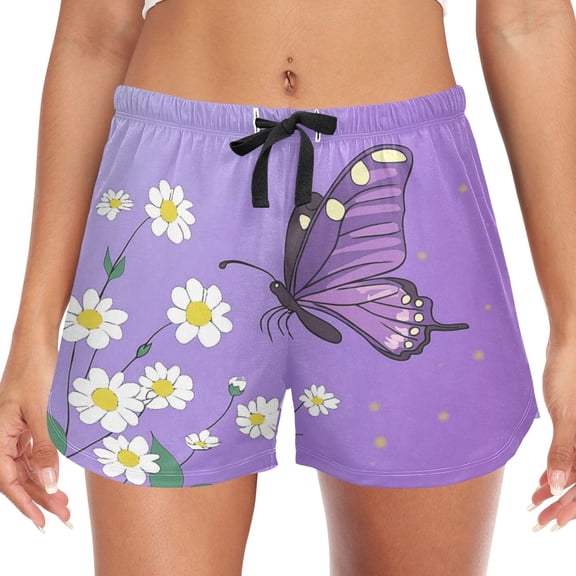 Women's Soft Sleep Shorts Relaxed Fit Lounge Pajama Bottoms Shorts for Women Pajama for Home and Comfort White Flowers and Purple Butterflies