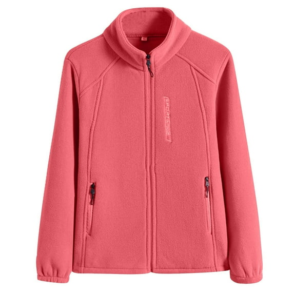 Women's Soft Solid Color Fleece Jacket Lightweight Zip Up Stand Collar Sweatshirts withZipper Pockets Fall Fashion Letter Knit Long Elastic Sleeve Jackets