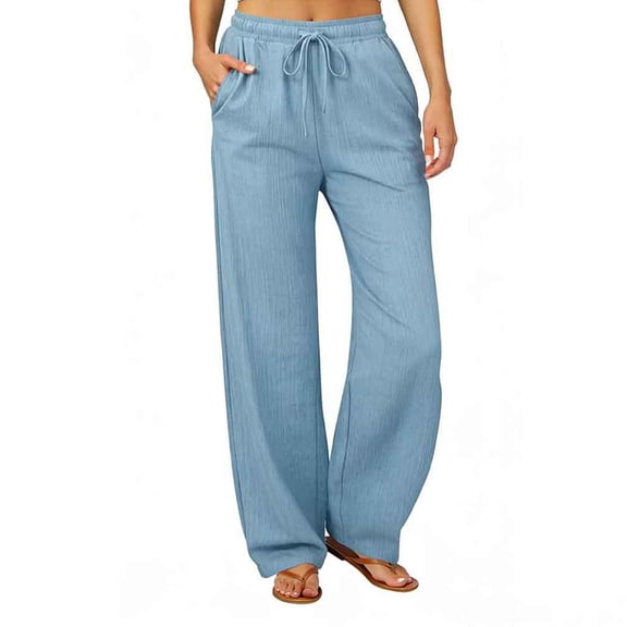 Women's Soft Solid Color Hanging Feeling Summer Loose Fit Wide Leg Pants, Elastic Waist Casual Trouser with Tummy Control, Easy Care Linen Feel Straight Leg Palazzo | TruBelle,Light Blue 2XL