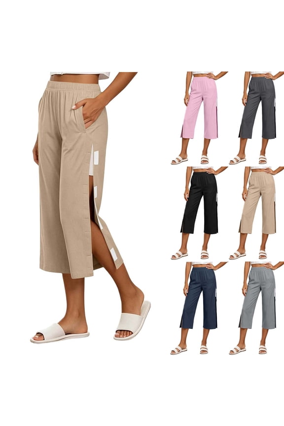 Women's Soft Solid Color Polyester Blend Postoperative Recovery Pants, Full Open Sides with Functional Pockets, Easy On Off Design, Medical Care Lounge Pajama | TruBelle,Khaki 3XL