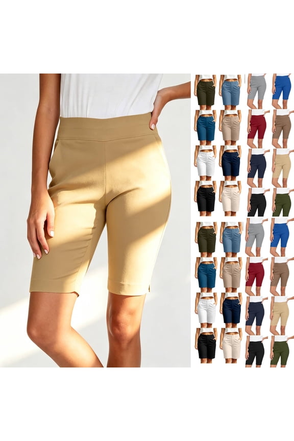 Women's Soft Solid Elastic Waist Casual Short Pants with Functional Pockets, Comfy Pull-On Style for Summer, Lightweight Polyester Blend for Walking, Running Errands, | TruHer,Navy XL