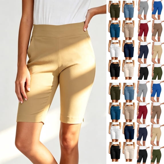 Women's Soft Solid Elastic Waist Casual Short Pants with Functional Pockets, Comfy Pull-On Style for Summer, Lightweight Polyester Blend for Walking, Running Errands, | TruHer,Navy XL