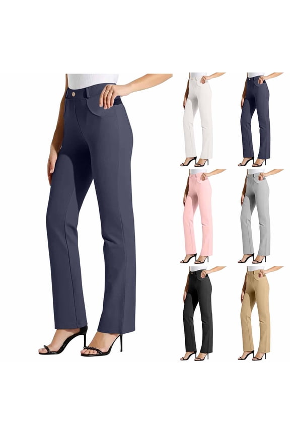 Women's Soft Solid Elastic Waist Straight Leg Work Pants, Relaxed Fit Trousers with Functional Pockets, Mid Waisted Office Casual, Business Attire, Daily Commute, | TruBelle,Black S
