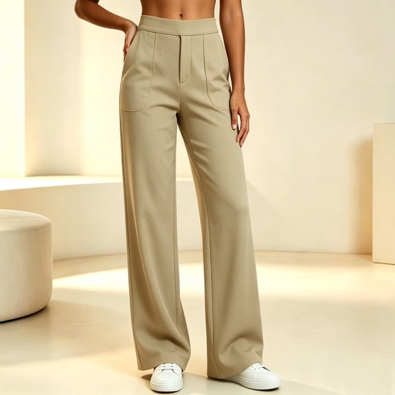 Women's Soft Stretch Casual Straight Leg Pants With Pockets, Mid Waist Tummy Control Slim Fit, Work Office Business Daily Wear Lounge | TruHer,Khaki 3XL