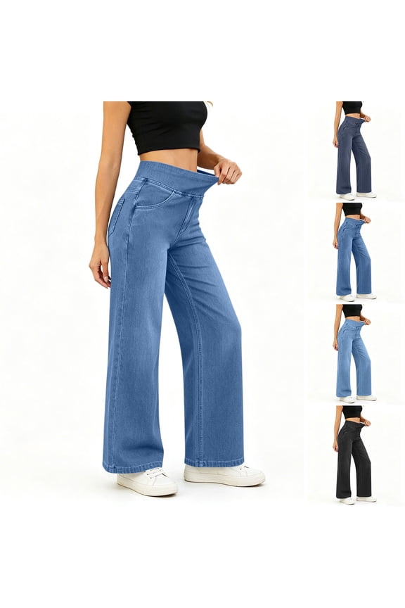 Women's Soft Stretch Denim Pants, Elastic Waistband Classic Five-Pocket Styling, Mid Rise Tummy Control Slim Fit, Comfortable Pull-On Casual Straight Leg Work Pants Daily