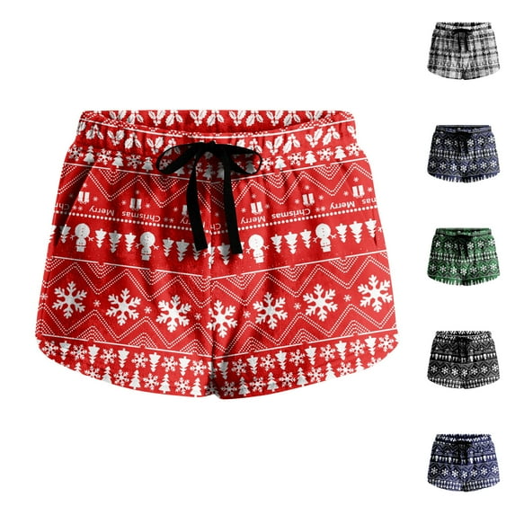 Women's Soft Stretch Flannel Christmas Print Drawstring Side Pocket Casual Pajama Shorts, Gray, XL