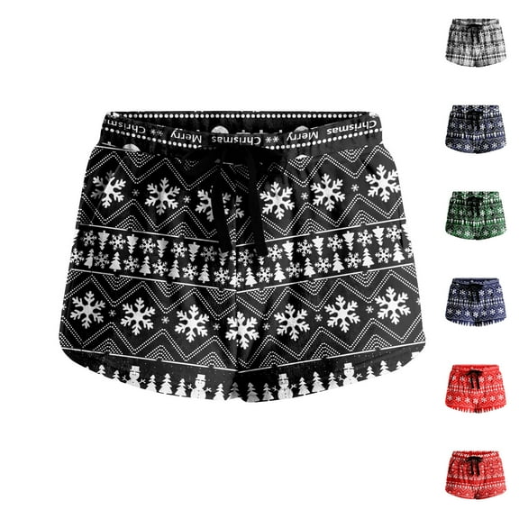 Women's Soft Stretch Flannel Christmas Print Drawstring Side Pocket Casual Pajama Shorts, Gray, XXL