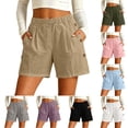 thumbnail image 1 of Women's Soft Stretch Linen-Like Elastic Waist Double Pockets Button-Up Shorts, Lightweight Casual Mid Waist with Tummy Control, Comfy Summer Pull On Bottoms for Beach Day City, 1 of 8