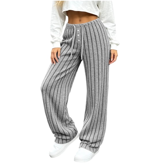 Women's Soft Striped Ribbed Wide Leg Pants Drawstring Elastic High Waist Loose Casual Jogger Pants Comfy Loungewear Y2K Pants with Pocket Gray