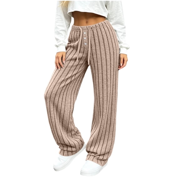Women's Soft Striped Ribbed Wide Leg Pants Drawstring Elastic High Waist Loose Casual Jogger Pants Comfy Loungewear Y2K Pants with Pocket Khaki