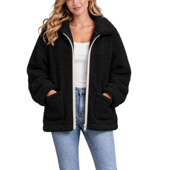 Women's Soft Teddy Fleece Jacket Warm Zip Up Coat with Pockets