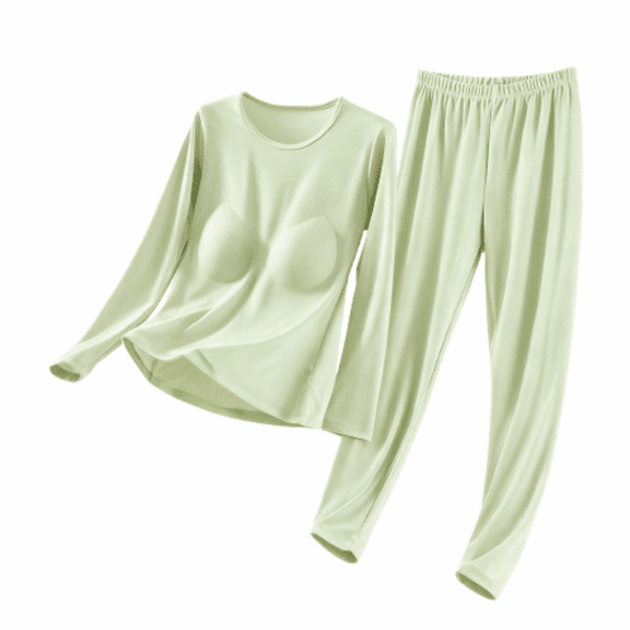 Women's Soft Thermal Underwear Set - Lace V-Neck Top (Built-in Bra) & Plush-Lined Bottoms, Warm Lightweight Base Layer for Layering/Lounging