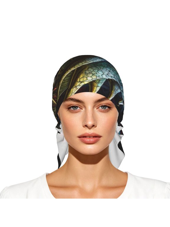 Women's Soft Turban Head Wrap, Pull-On Beanie Cap, Skull Dragon Death Psychedelic Vintage Print