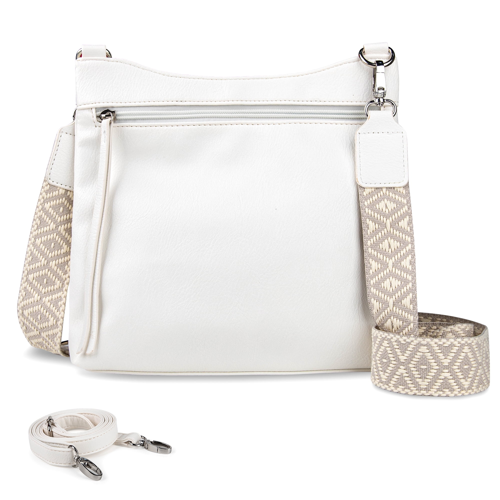Women's Soft Vegan Leather Crossbody Bag, 2 Interchangeable Straps, Multi-Pocket Spacious Shoulder Purse for Commute, Work, Travel, Shopping & Daily Use, White