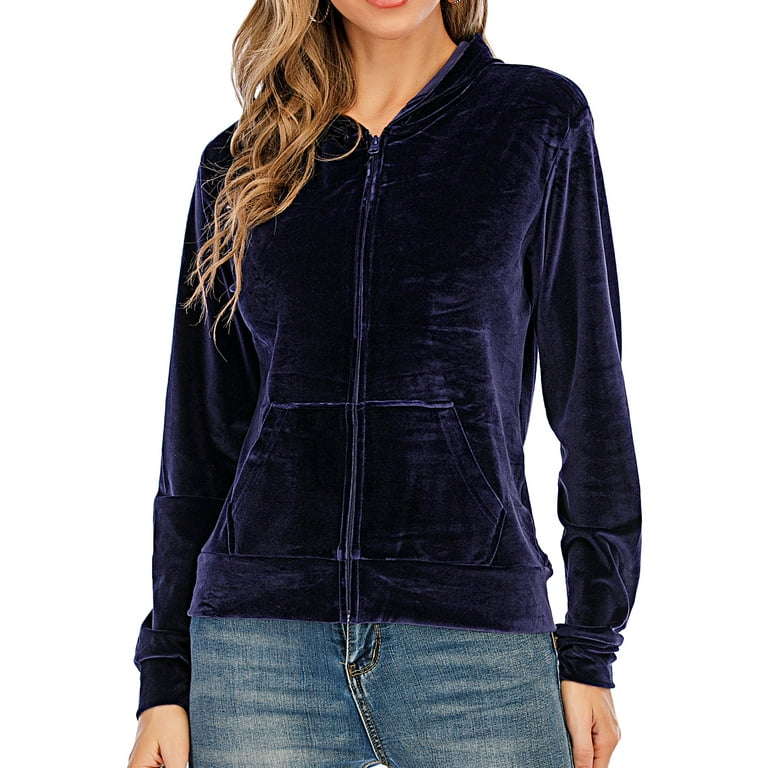 Women's Soft Velour Zipper-Up Track Jacket with Hoodie Velour