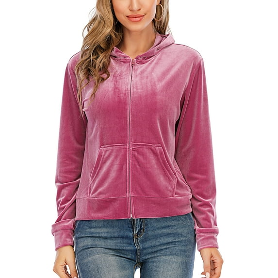 Women's Soft Velour Zipper-Up Track Jacket with Hoodie Velour Sweatshirt Casual Joggers Hooded Jacket Casual Velour Coat Tops Sport Outwear Red/Purple/Black/Blue