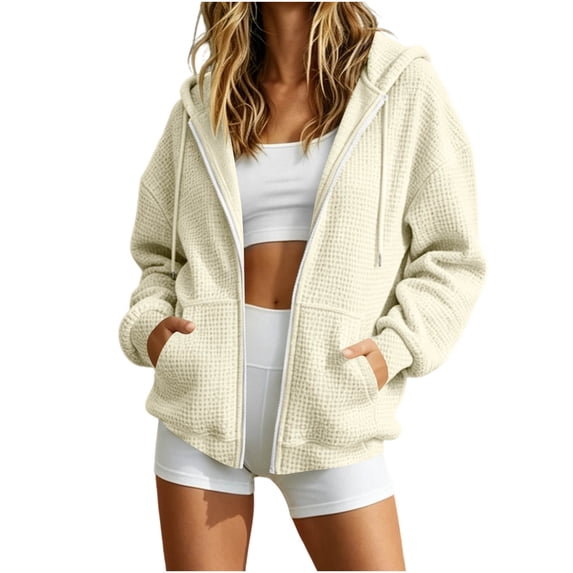 Women's Soft Waffle Knit Full Zip Hooded Sweatshirt Oversized Long Sleeve Drawstring Hoodie with Pocket Fall Daily Casual Outerwear Beige