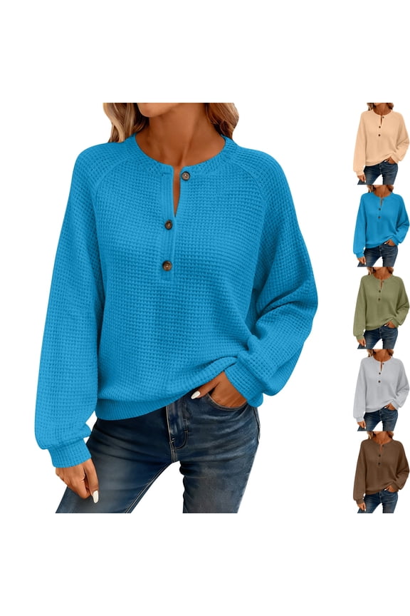 Women's Soft Waffle Knit Long Sleeve Henley Shirt Button Down Crew Neck Banded Hem Pullover Tops for Casual Fall Outfits, Blue, XXXL