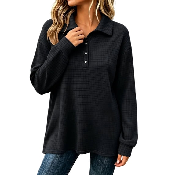 Women's Soft Waffle Knit Polo Tops Collared Half Placket Button Long Sleeve Loose Pullover Oversized Fall Casual Y2K Sweatshirts Black