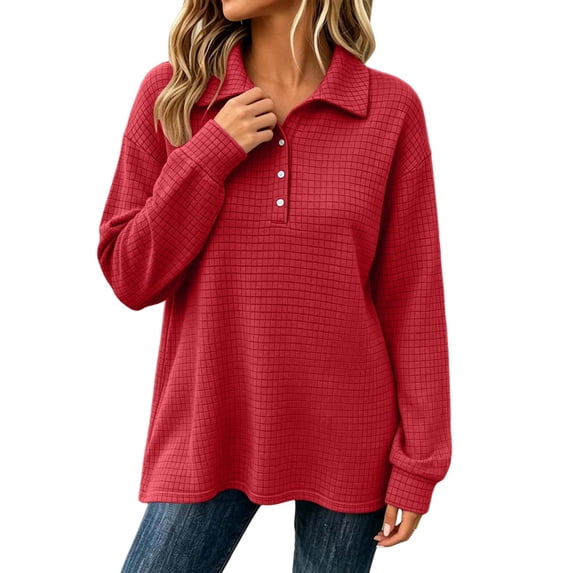 Women's Soft Waffle Knit Polo Tops Collared Half Placket Button Long Sleeve Loose Pullover Oversized Fall Casual Y2K Sweatshirts Red
