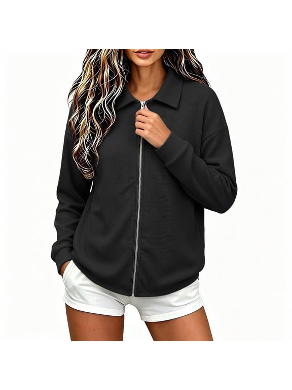 Women's Soft Waffle Knit Zip Up Jacket Collared Long Sleeve Loose Fit Casual Sweatshirt Coat with Pockets Y2K Streetwear Fall Spring Outerwear Black