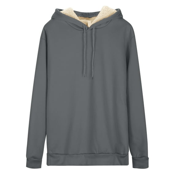 Women's Soft Warm Lamb Wool Hoodie Solid Color Round Neck Long Sleeve Drawstring Pullover Sweatshirt for Autumn Winter Comfort