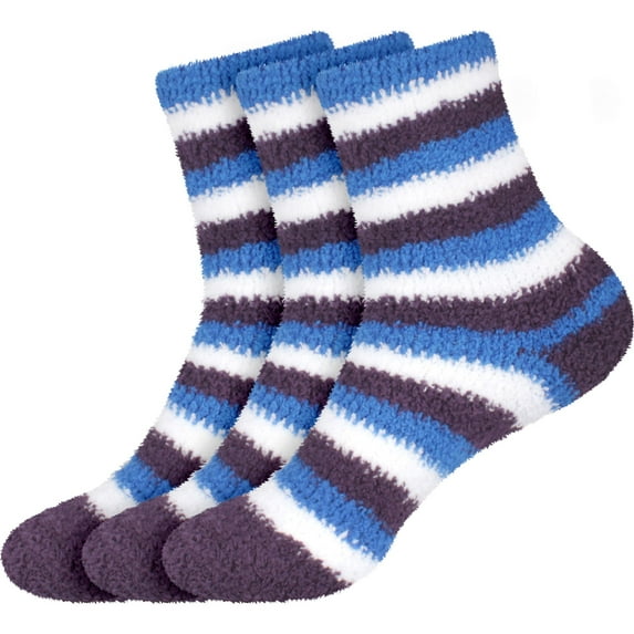 BambooMN Women's Soft Warm Microfiber Fuzzy Solid/Heart/Stripe Socks - D3 (Stripes) - 3 Pairs
