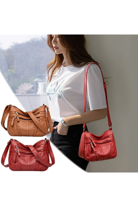 Women's Soft Washed Faux Leather Shoulder Bag - Multi Zip Spacious Crossbody Purse for Daily Use, Travel, Work & Shopping (Brown/Red, 10.24x6.69x3.54in)