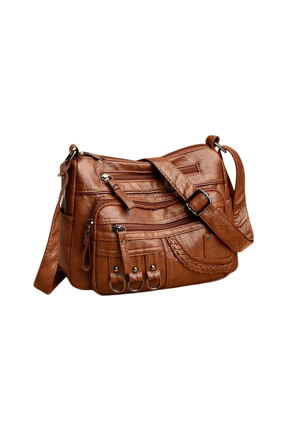 Women's Soft Washed Leather Multi-Zip Shoulder Bag Large Capacity Handbag Travel Work Shopping Daily Use