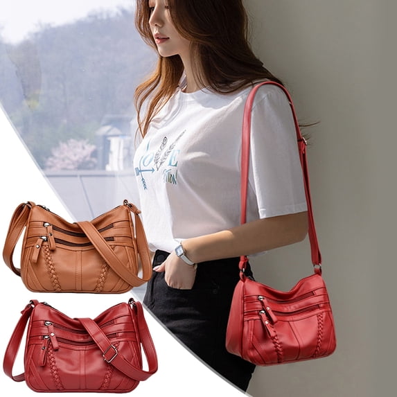 Women’s Soft Washed Leather Shoulder Bag – Multi Zip Large Capacity Handbag, Brown Red, 10x6x3in, Lightweight Faux Leather, Travel Work Tote
