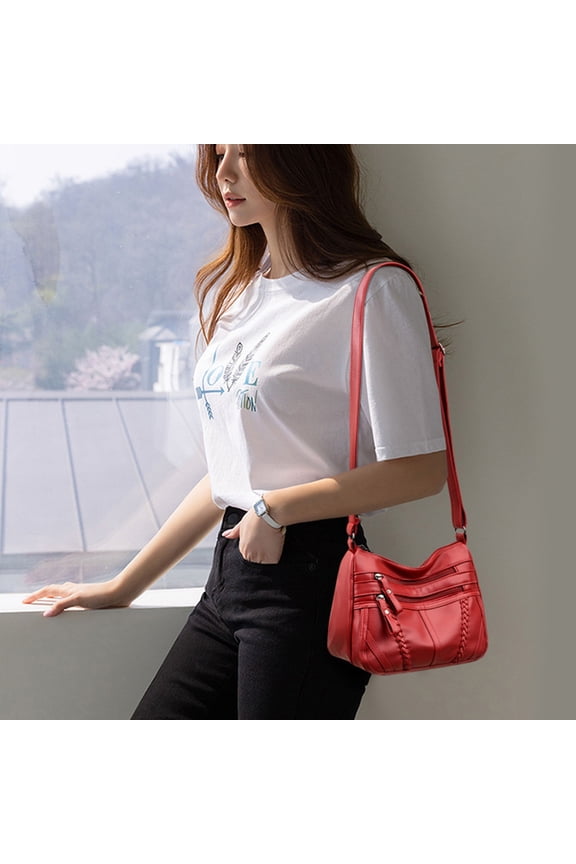 Women's Soft Washed Leather Shoulder Bag, Multi-Zip Spacious Handbag, for Daily Use, Travel, Work and Shopping