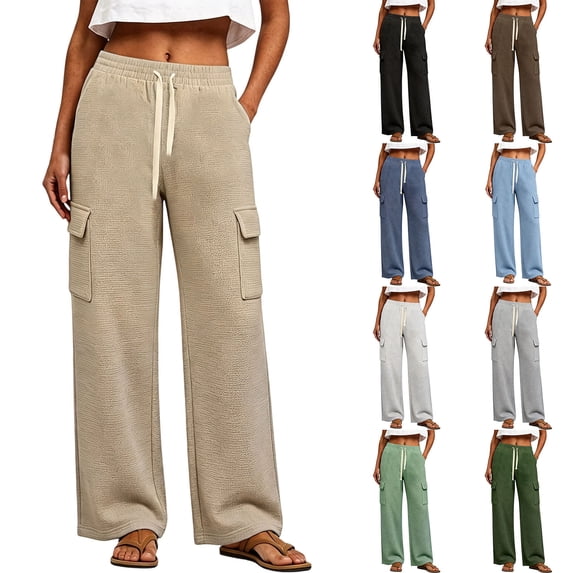 Women's Soft Wide Leg Cargo Sweatpants with Pockets, Elastic Drawstring Mid Waisted Casual Hiking Jogging Work Outdoor Pants for Women | UKHCCC,Gray L